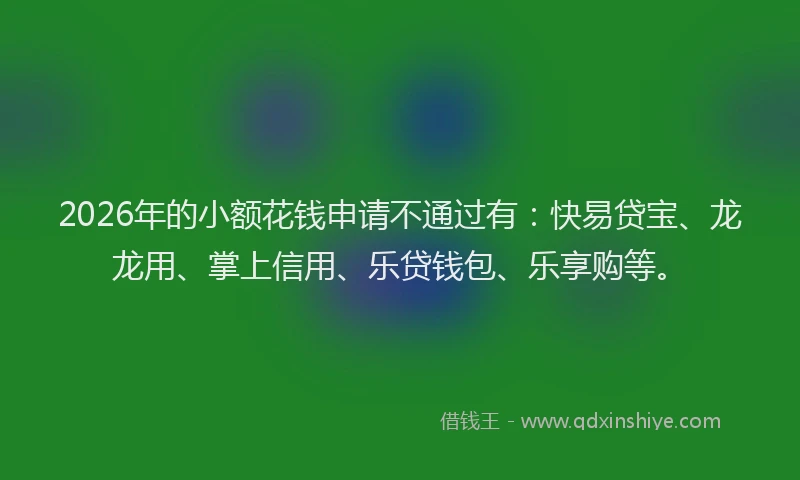 2026年的小额花钱申请不通过有：快易贷宝、龙龙用、掌上信用、乐贷钱包、乐享购等。