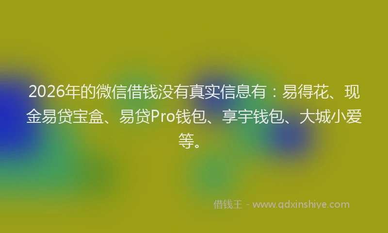 2026年的微信借钱没有真实信息有：易得花、现金易贷宝盒、易贷Pro钱包、享宇钱包、大城小爱等。
