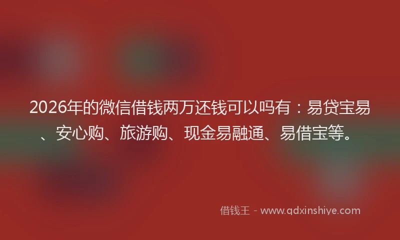 2026年的微信借钱两万还钱可以吗有：易贷宝易、安心购、旅游购、现金易融通、易借宝等。