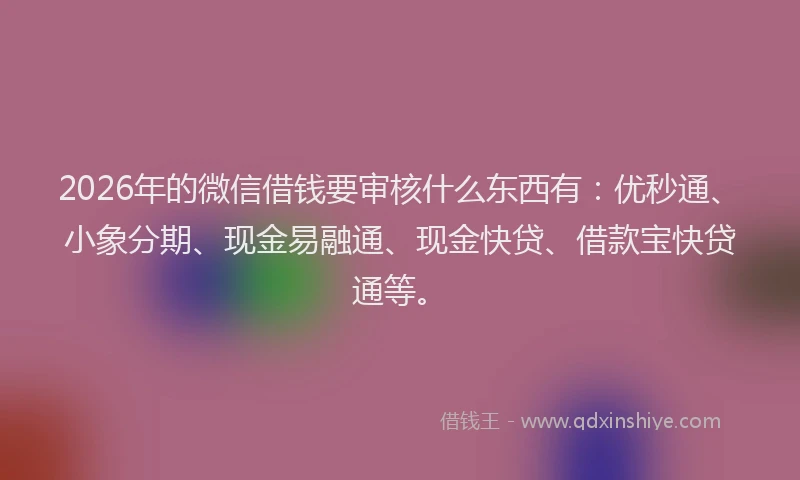2026年的微信借钱要审核什么东西有：优秒通、小象分期、现金易融通、现金快贷、借款宝快贷通等。
