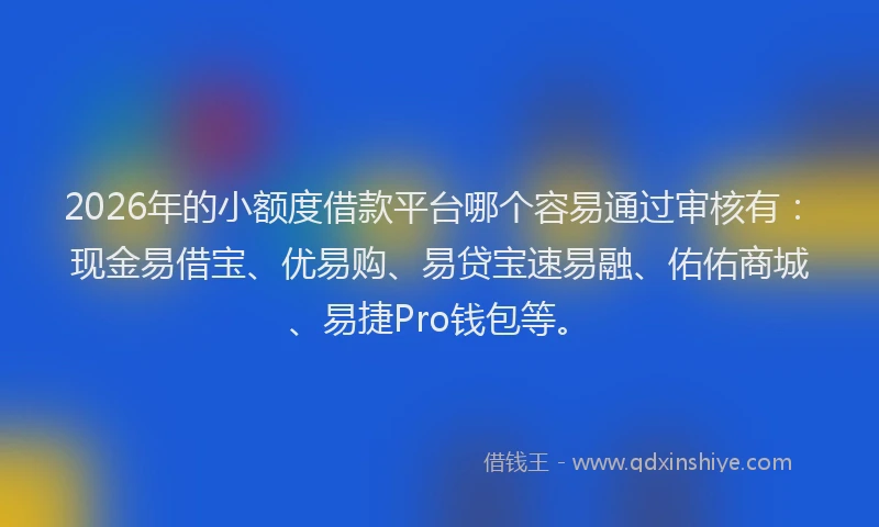 2026年的小额度借款平台哪个容易通过审核有：现金易借宝、优易购、易贷宝速易融、佑佑商城、易捷Pro钱包等。