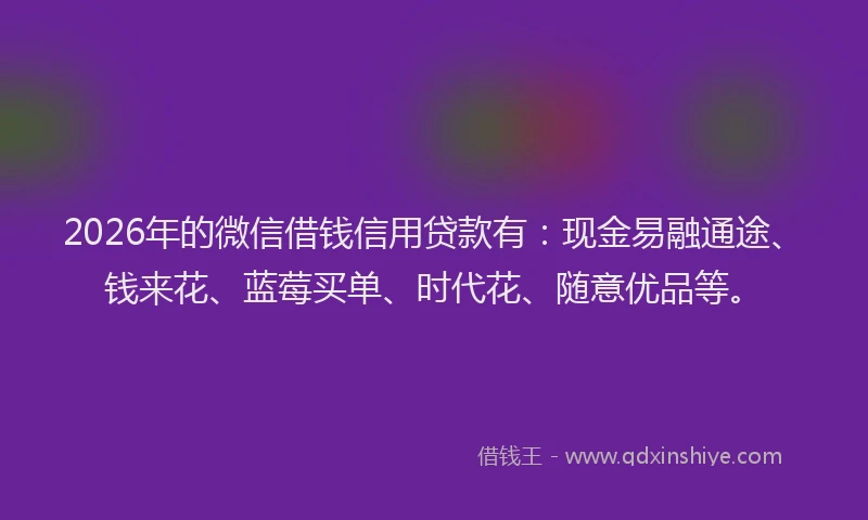 2026年的微信借钱信用贷款有：现金易融通途、钱来花、蓝莓买单、时代花、随意优品等。