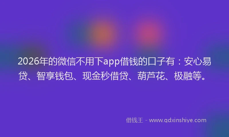 2026年的微信不用下app借钱的口子有：安心易贷、智享钱包、现金秒借贷、葫芦花、极融等。