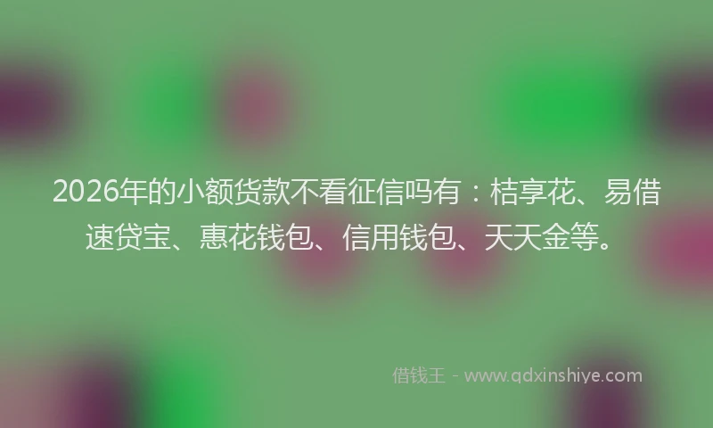 2026年的小额货款不看征信吗有：桔享花、易借速贷宝、惠花钱包、信用钱包、天天金等。
