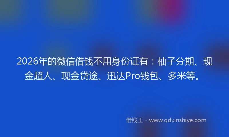 2026年的微信借钱不用身份证有：柚子分期、现金超人、现金贷途、迅达Pro钱包、多米等。