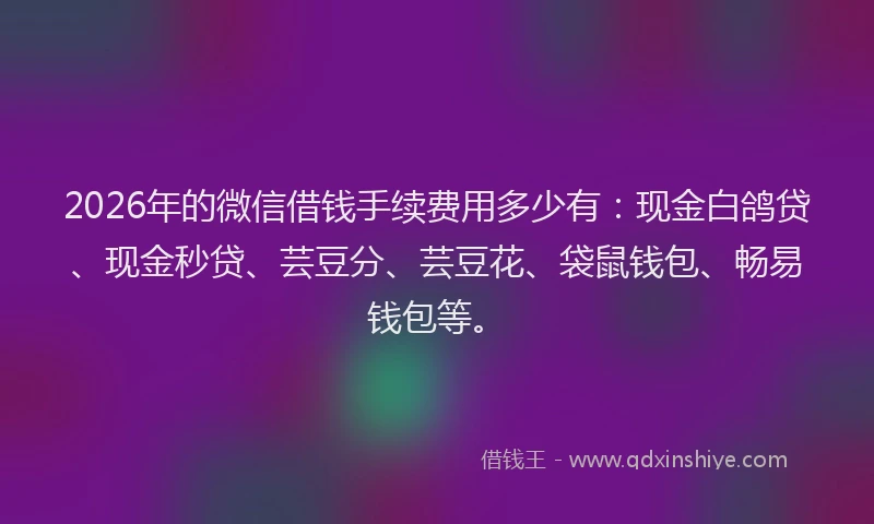 2026年的微信借钱手续费用多少有:现金白鸽贷、现金秒贷、芸豆分、芸豆花、袋鼠钱包、畅易钱包等。