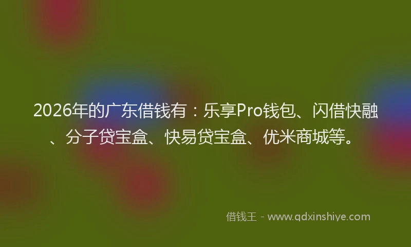 2026年的广东借钱有：乐享Pro钱包、闪借快融、分子贷宝盒、快易贷宝盒、优米商城等。