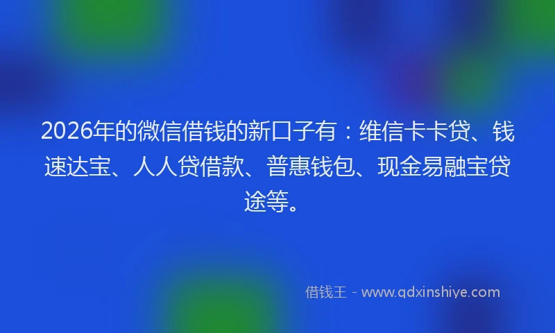 2026年的微信借钱的新口子有：维信卡卡贷、钱速达宝、人人贷借款、普惠钱包、现金易融宝贷途等。