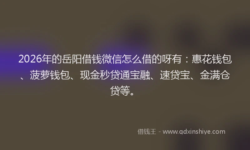 2026年的岳阳借钱微信怎么借的呀有：惠花钱包、菠萝钱包、现金秒贷通宝融、速贷宝、金满仓贷等。