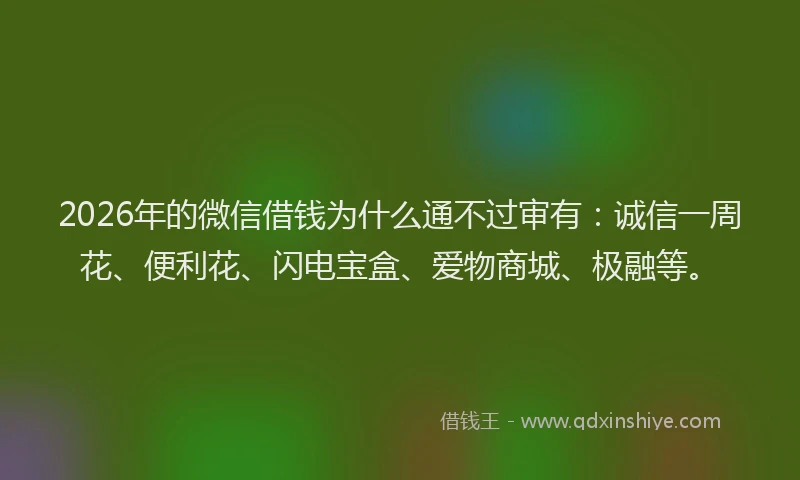 2026年的微信借钱为什么通不过审有：诚信一周花、便利花、闪电宝盒、爱物商城、极融等。