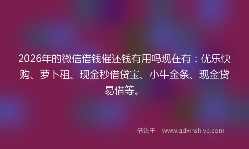 2026年的微信借钱催还钱有用吗现在有:优乐快购、萝卜租、现金秒借贷宝、小牛金条、现金贷易借等。
