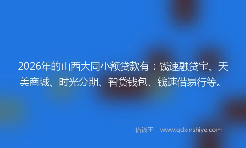 2026年的山西大同小额贷款有:钱速融贷宝、天美商城、时光分期、智贷钱包、钱速借易行等。