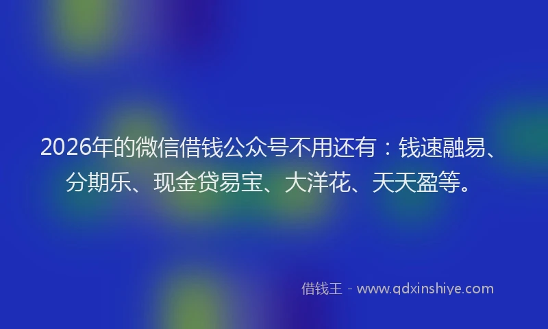 2026年的微信借钱公众号不用还有：钱速融易、分期乐、现金贷易宝、大洋花、天天盈等。