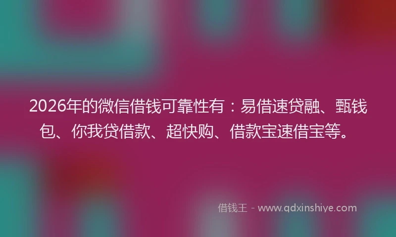 2026年的微信借钱可靠性有:易借速贷融、甄钱包、你我贷借款、超快购、借款宝速借宝等。