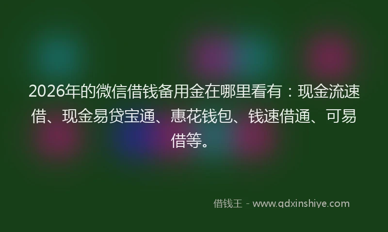 2026年的微信借钱备用金在哪里看有：现金流速借、现金易贷宝通、惠花钱包、钱速借通、可易借等。