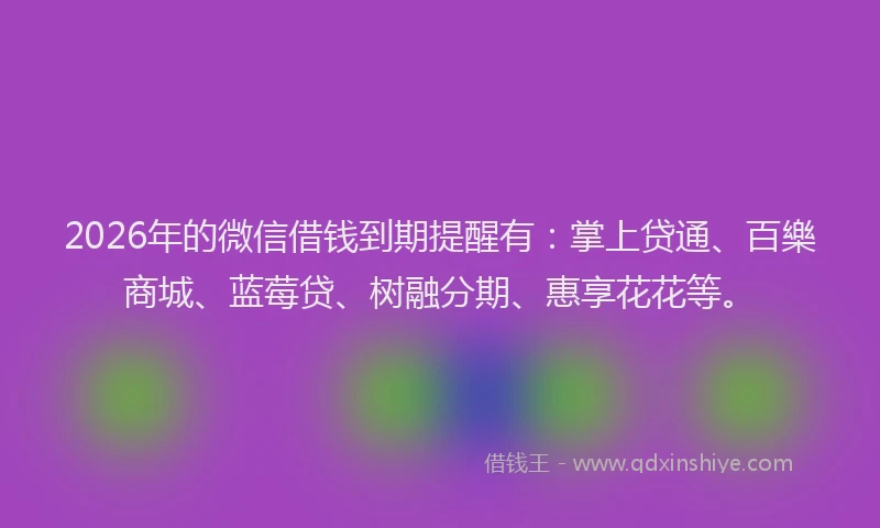 2026年的微信借钱到期提醒有：掌上贷通、百樂商城、蓝莓贷、树融分期、惠享花花等。