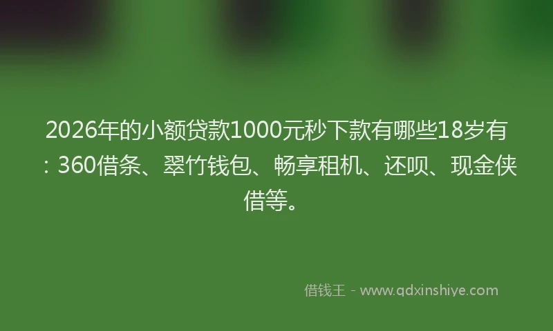 2026年的小额贷款1000元秒下款有哪些18岁有：360借条、翠竹钱包、畅享租机、还呗、现金侠借等。