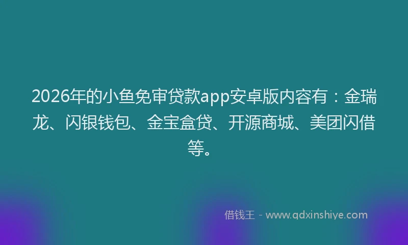 2026年的小鱼免审贷款app安卓版内容有：金瑞龙、闪银钱包、金宝盒贷、开源商城、美团闪借等。
