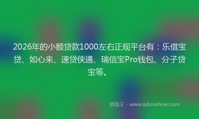 2026年的小额贷款1000左右正规平台有：乐借宝贷、如心来、速贷侠通、瑞信宝Pro钱包、分子贷宝等。