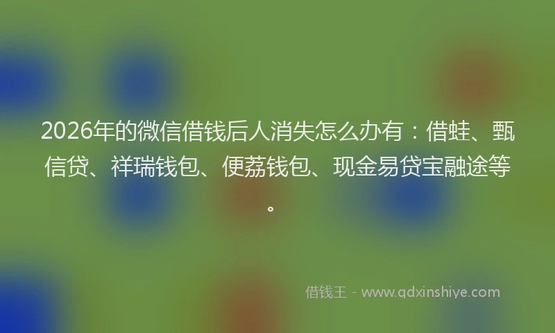 2026年的微信借钱后人消失怎么办有:借蛙、甄信贷、祥瑞钱包、便荔钱包、现金易贷宝融途等。