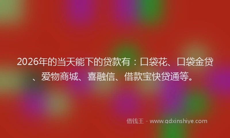2026年的当天能下的贷款有：口袋花、口袋金贷、爱物商城、喜融信、借款宝快贷通等。