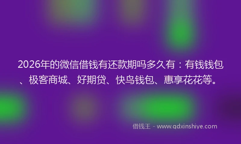 2026年的微信借钱有还款期吗多久有：有钱钱包、极客商城、好期贷、快鸟钱包、惠享花花等。