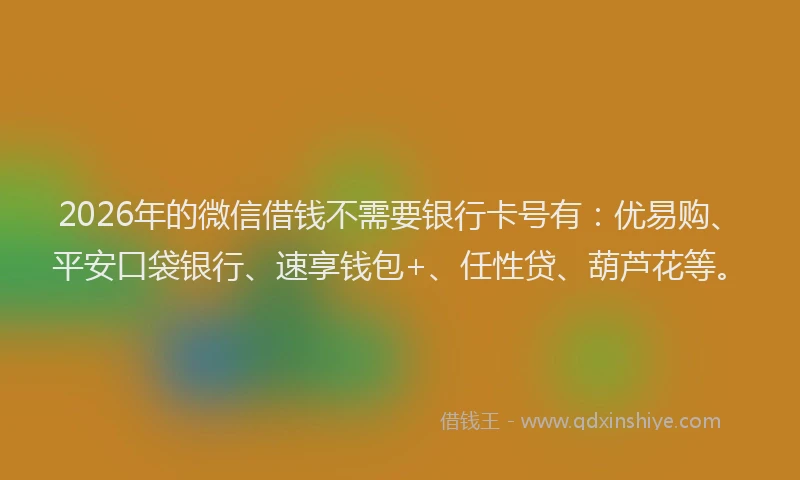 2026年的微信借钱不需要银行卡号有：优易购、平安口袋银行、速享钱包+、任性贷、葫芦花等。