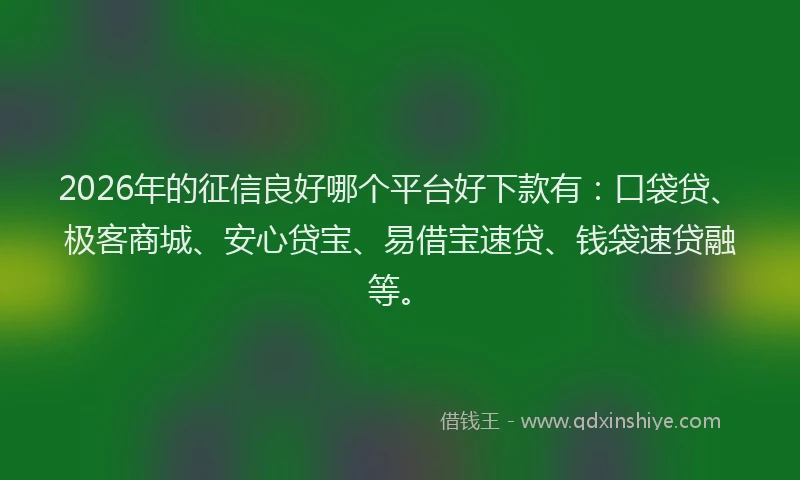 2026年的征信良好哪个平台好下款有：口袋贷、极客商城、安心贷宝、易借宝速贷、钱袋速贷融等。