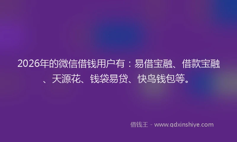 2026年的微信借钱用户有:易借宝融、借款宝融、天源花、钱袋易贷、快鸟钱包等。