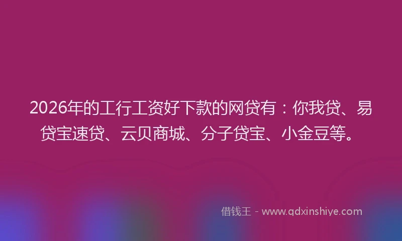 2026年的工行工资好下款的网贷有：你我贷、易贷宝速贷、云贝商城、分子贷宝、小金豆等。