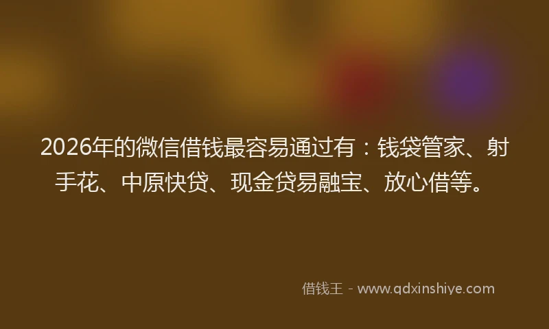 2026年的微信借钱最容易通过有:钱袋管家、射手花、中原快贷、现金贷易融宝、放心借等。