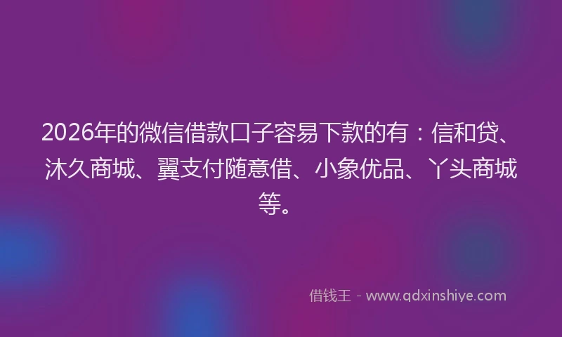 2026年的微信借款口子容易下款的有：信和贷、沐久商城、翼支付随意借、小象优品、丫头商城等。