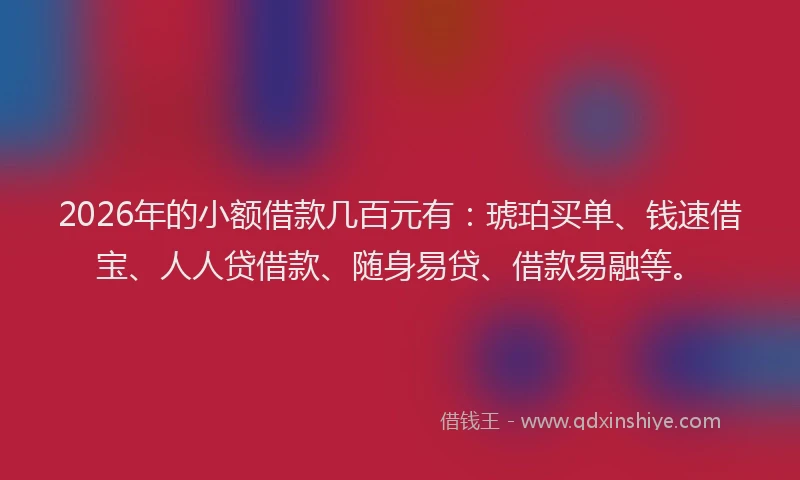 2026年的小额借款几百元有：琥珀买单、钱速借宝、人人贷借款、随身易贷、借款易融等。