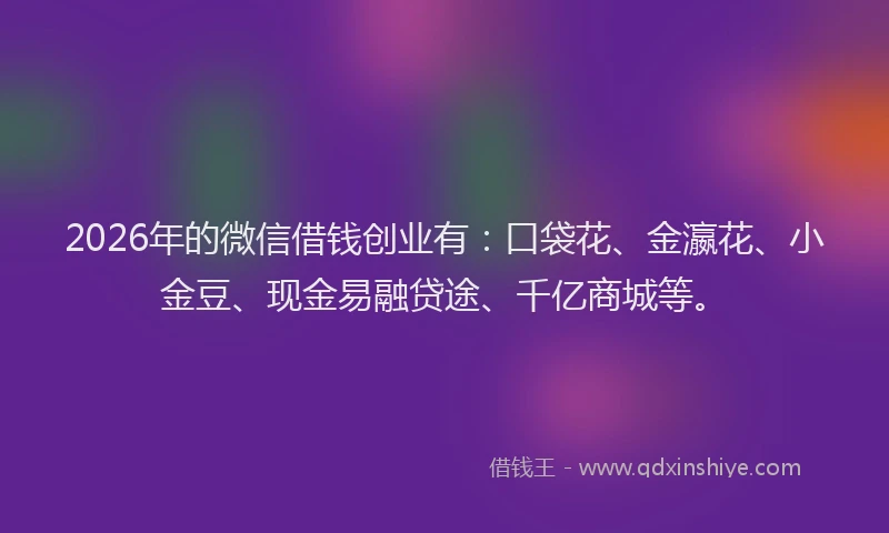 2026年的微信借钱创业有：口袋花、金瀛花、小金豆、现金易融贷途、千亿商城等。