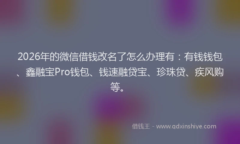 2026年的微信借钱改名了怎么办理有：有钱钱包、鑫融宝Pro钱包、钱速融贷宝、珍珠贷、疾风购等。