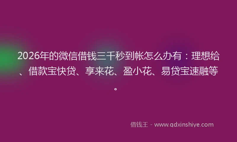 2026年的微信借钱三千秒到帐怎么办有：理想给、借款宝快贷、享来花、盈小花、易贷宝速融等。
