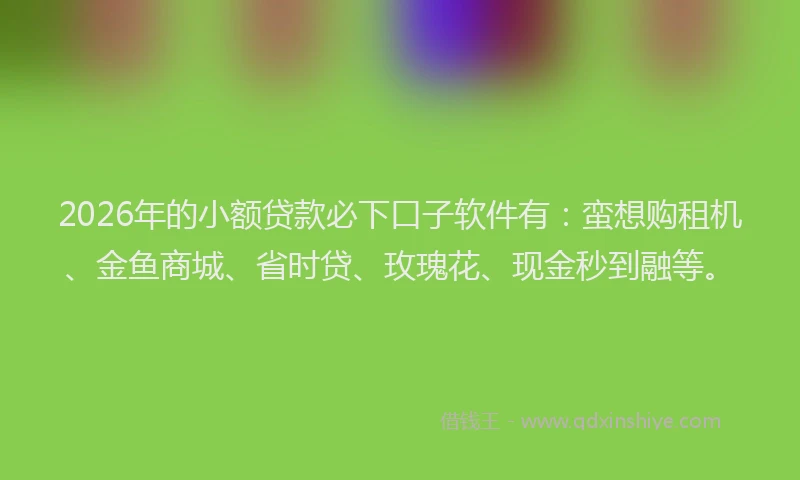 2026年的小额贷款必下口子软件有：蛮想购租机、金鱼商城、省时贷、玫瑰花、现金秒到融等。