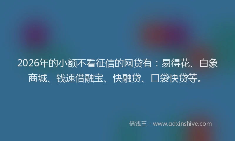 2026年的小额不看征信的网贷有：易得花、白象商城、钱速借融宝、快融贷、口袋快贷等。