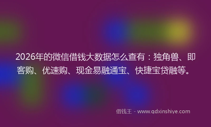 2026年的微信借钱大数据怎么查有：独角兽、即客购、优速购、现金易融通宝、快捷宝贷融等。