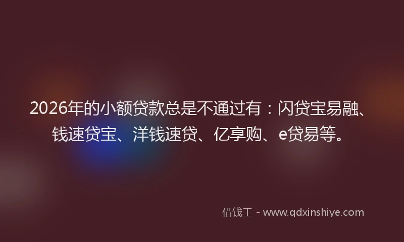 2026年的小额贷款总是不通过有：闪贷宝易融、钱速贷宝、洋钱速贷、亿享购、e贷易等。
