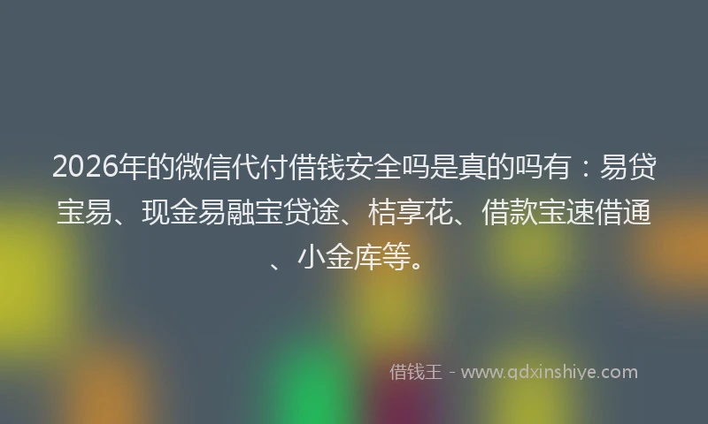 2026年的微信代付借钱安全吗是真的吗有：易贷宝易、现金易融宝贷途、桔享花、借款宝速借通、小金库等。