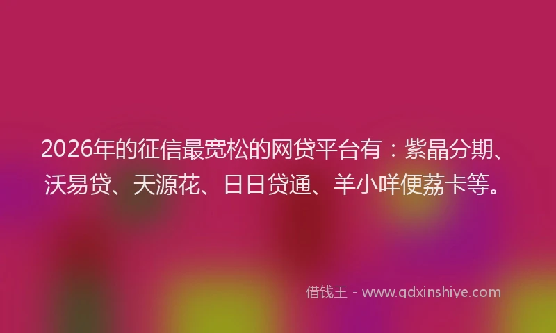 2026年的征信最宽松的网贷平台有:紫晶分期、沃易贷、天源花、日日贷通、羊小咩便荔卡等。