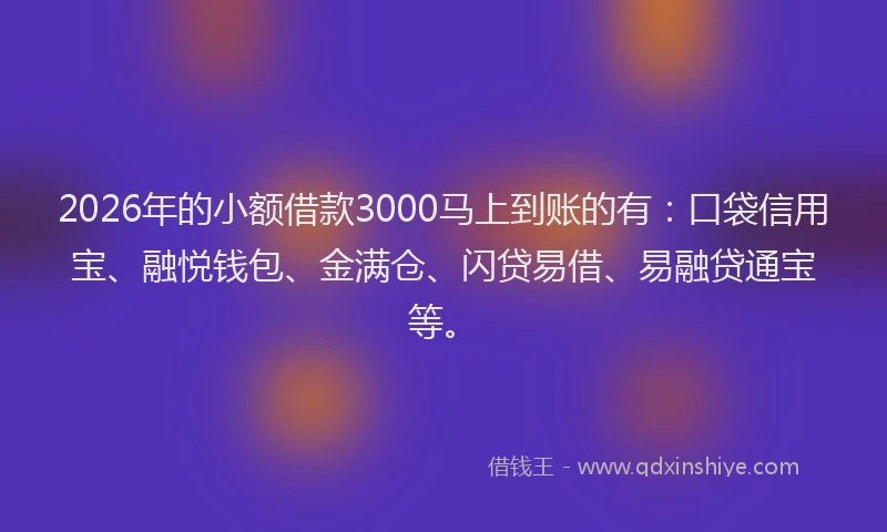 2026年的小额借款3000马上到账的有：口袋信用宝、融悦钱包、金满仓、闪贷易借、易融贷通宝等。