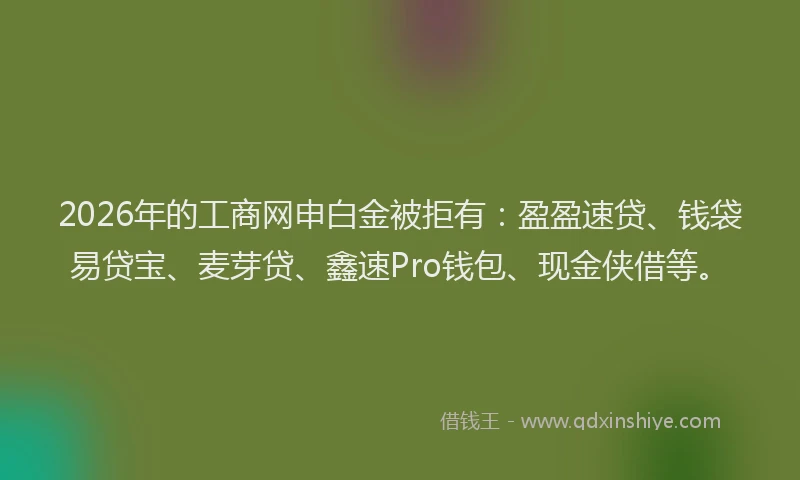 2026年的工商网申白金被拒有：盈盈速贷、钱袋易贷宝、麦芽贷、鑫速Pro钱包、现金侠借等。
