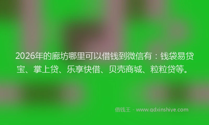 2026年的廊坊哪里可以借钱到微信有：钱袋易贷宝、掌上贷、乐享快借、贝壳商城、粒粒贷等。