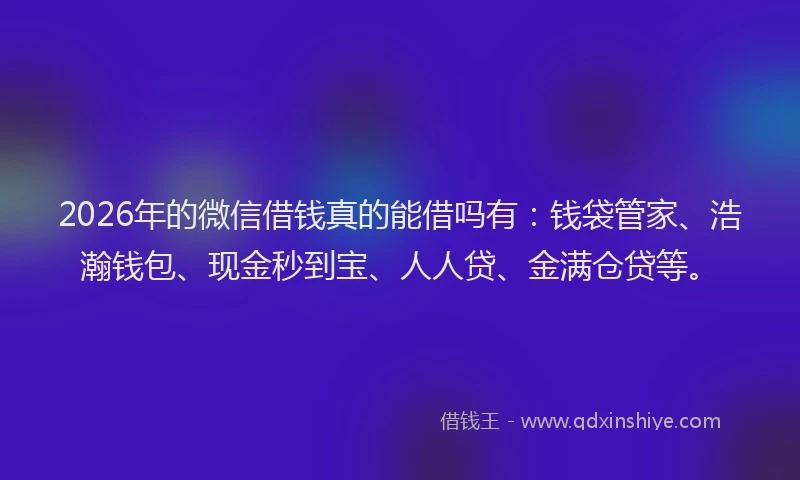 2026年的微信借钱真的能借吗有:钱袋管家、浩瀚钱包、现金秒到宝、人人贷、金满仓贷等。