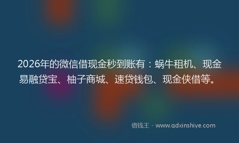 2026年的微信借现金秒到账有:蜗牛租机、现金易融贷宝、柚子商城、速贷钱包、现金侠借等。