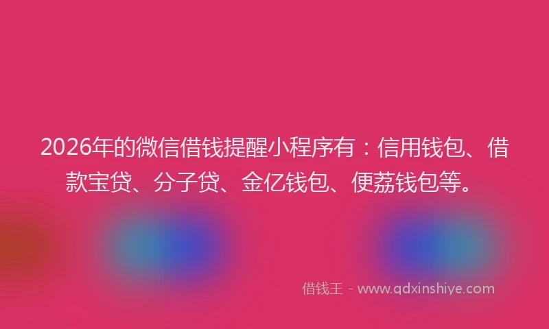 2026年的微信借钱提醒小程序有:信用钱包、借款宝贷、分子贷、金亿钱包、便荔钱包等。