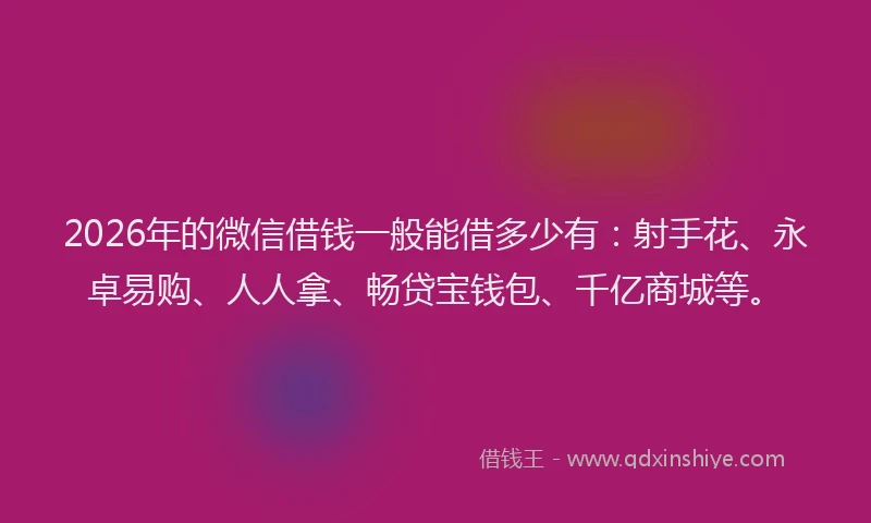 2026年的微信借钱一般能借多少有：射手花、永卓易购、人人拿、畅贷宝钱包、千亿商城等。