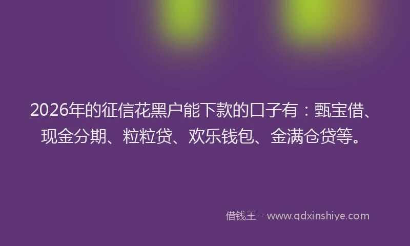 2026年的征信花黑户能下款的口子有：甄宝借、现金分期、粒粒贷、欢乐钱包、金满仓贷等。
